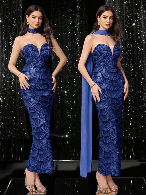 Coutiva Sexy Off-Shoulder Suspenders Waist Hollow Pearl Sequin Party Dress Suitable For Dating, Birthday Parties, Music Festivals, Gatherings, Easter , Royal Blue Formal Dress Blue Formal Evening Gown Gala Evening Gown Curve Formal Evening Gown Sexy Dinner Dress