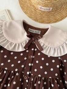 Blossori Vestido de manga larga con cuello de contraste de lunares elegante francés para niñas bebé