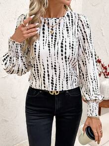 SHEIN Clasi Women's Black & White Polka Dot Print Lantern Sleeve Ruffle Hem Long Sleeve Blouse - Khaki - View 1