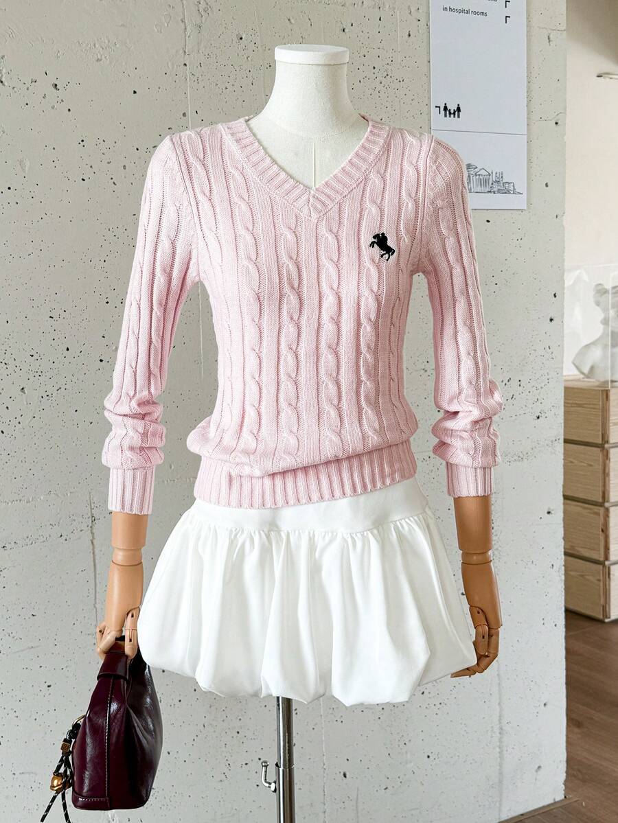 Amplova Women's Plain V-Neck Knit Sweater, Casual And Fashionable For Daily Wear,Long Sleeve Tops - Pink - View 1