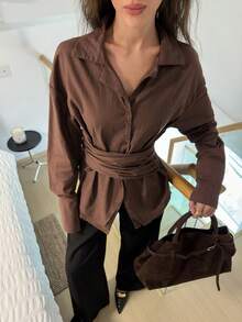 Easowa Elegant Women's Cotton Elegant Commuter Brown Top Tie Waist Blouse Stylish Long Sleeve Top Business Going Out Top - Redwood - View 6