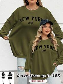 SHEIN CURVE+ 秋冬大码休闲宽松纽约图案圆领长袖女式运动衫 - 軍綠色 - 查看 1