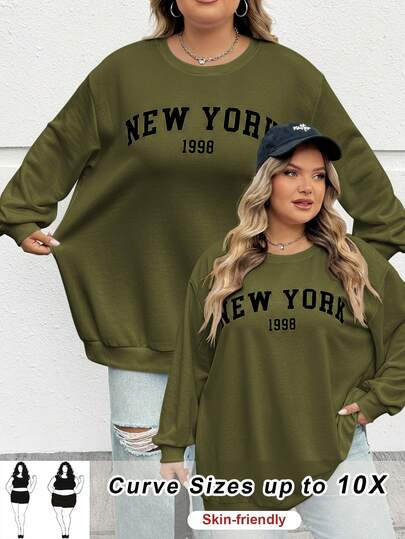 SHEIN CURVE+ Plus Size Casual Loose New York Graphic Round Neck Long Sleeve Sweatshirt For Women, Autumn/Winter
