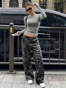 DAZY Quần Cargo họa tiết caro Mỹ cổ điển, dáng suông rộng rãi, nhiều túi, giặt phai màu, mặc thường ngày & đa năng dành cho nữ Quần Jeans Nữ - xanh quân đội - Xem 7