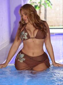 Swim SXY Bộ đồ bơi 3 món cỡ lớn mới cho nữ, áo hai dây trơn màu và in họa tiết, quần tam giác ôm sát và chân váy ngắn ôm sát, giúp thon gọn và nâng cơ, trang phục thường ngày khi đi nghỉ - Cà phê nâu - Xem 5