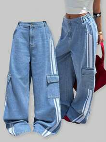 SHEIN Explorewe 青少年女孩休闲时尚酷炫侧条纹仿口袋设计系带宽松直筒牛仔裤 - 淺藍色 - 查看 8