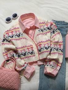 CovetEZ Women's Autumn Winter Pink Fair Isle Sweet Retro Pattern Long-Sleeved Knitted Sweater, Crop Top, Jacket, Cardigan, Cropped Sweater, Retro , 90s , Women's Winter , Women's Winter , Women's Autumn , Christmas Women's , Christmas Sweater, Christmas Sweater, New Year Women's , Thanksgiving Women's , Elegant Women's Blouse, White Top, Pink Top Crop Top Jacket Cardigan Cropped Crop Sweater Vintage 90s Women - Pink - View 5