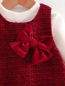 Cozy Pixies 2件套女婴圣诞新年红色针织柔软圆领长袖毛衣上衣和无袖蝴蝶结装饰圆领连衣裙套装 - 紅色 - 查看 3
