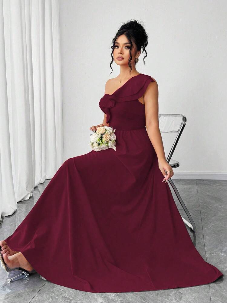 SHEIN Elenzya Vestido Longo Feminino Plus Size Elegante com Babados na Barra e Alças Finas, Cor Sólida, Adequado para Volta às Aulas, Formatura, Dia dos Namorados, Festival de Música, Dia das Mães, Halloween, Ação de Graças, Páscoa, Dia Nacional, Baile de Formatura, Festa de Encontro, Temporada de Casamentos, Excursão ao Ar Livre - Vinho - Visão 4