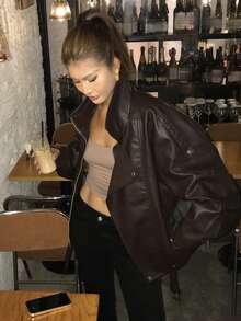 DAZY 女士休闲宽松仿羊羔绒领PU皮夹克，秋冬女式外套 - 棕色 - 查看 6