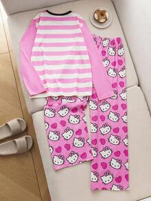 HELLO KITTY AND FRIENDS | SHEIN 2 件套少女可爱卡通小猫心形印花条纹拼色圆领长袖上衣和裤子睡衣套装 - 粉色 - 查看 2
