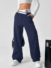 SHEIN EZwear 女性拼接色彩不對稱腰身直筒休閒褲，設有口袋 - 藏蓝色 - 查看 6