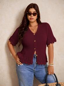 Elaquor 大码休闲纯色短袖开衫系带上衣加大码女式秋冬装 - 酒紅色 - 查看 4