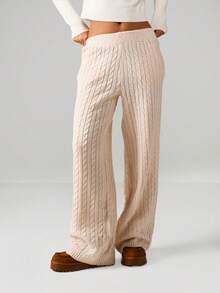 MISSGUIDED Pantalones jogger de pierna ancha de punto trenzado para mujer, pantalones de estar por casa cómodos para otoño e invierno, pantalones de punto - Albaricoque - Ver 1
