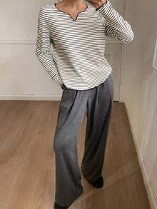 DAZY Women's Casual Striped Top And Solid Color Pants Pajama Set, Autumn/Winter - Black - View 3