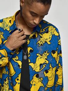 SCOOBY-DOO X SHEIN Men's Casual Dog Allover Print Button-Front Long Sleeve Shirt, Autumn - Navy Blue - View 3