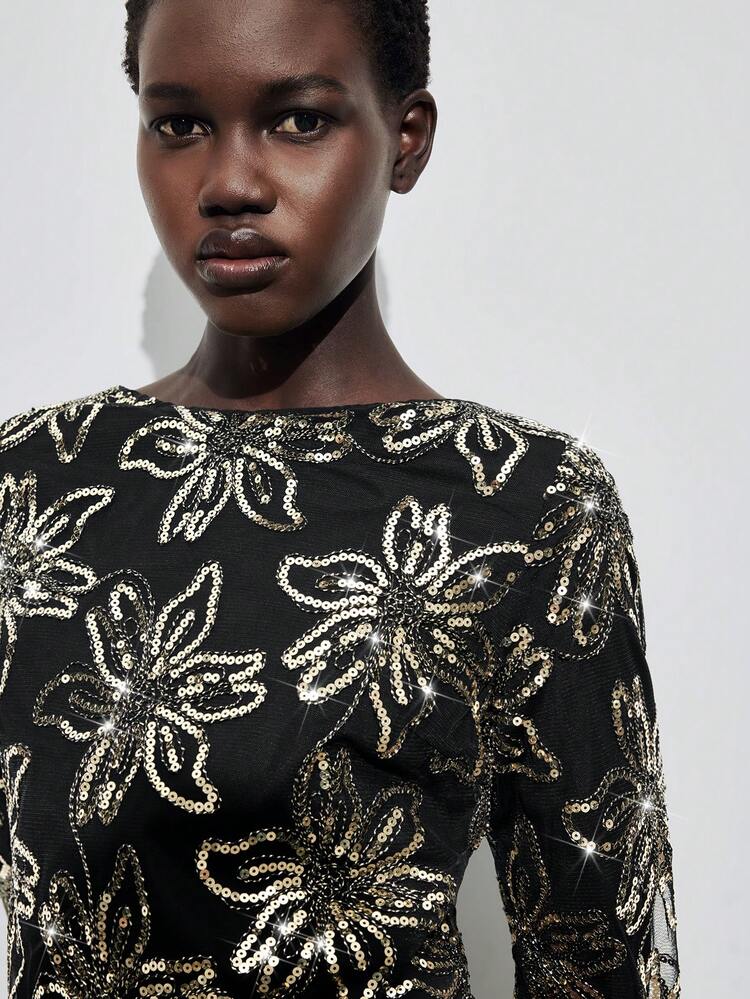 SHEIN Maija ブラックシーケンスフローラルパターン ラウンドネック バックレス 長袖 Aラインミニドレス、パーティー、クリスマス、休暇、結婚式に適しています