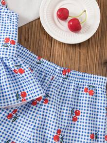 Conjunto de camiseta de tirantes y pantalones cortos con estampado de cuadros y cerezas para niña - Azul - Ver 3