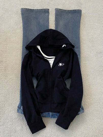 SHEIN Embroidered Hooded Fitted Sweatshirt For Women