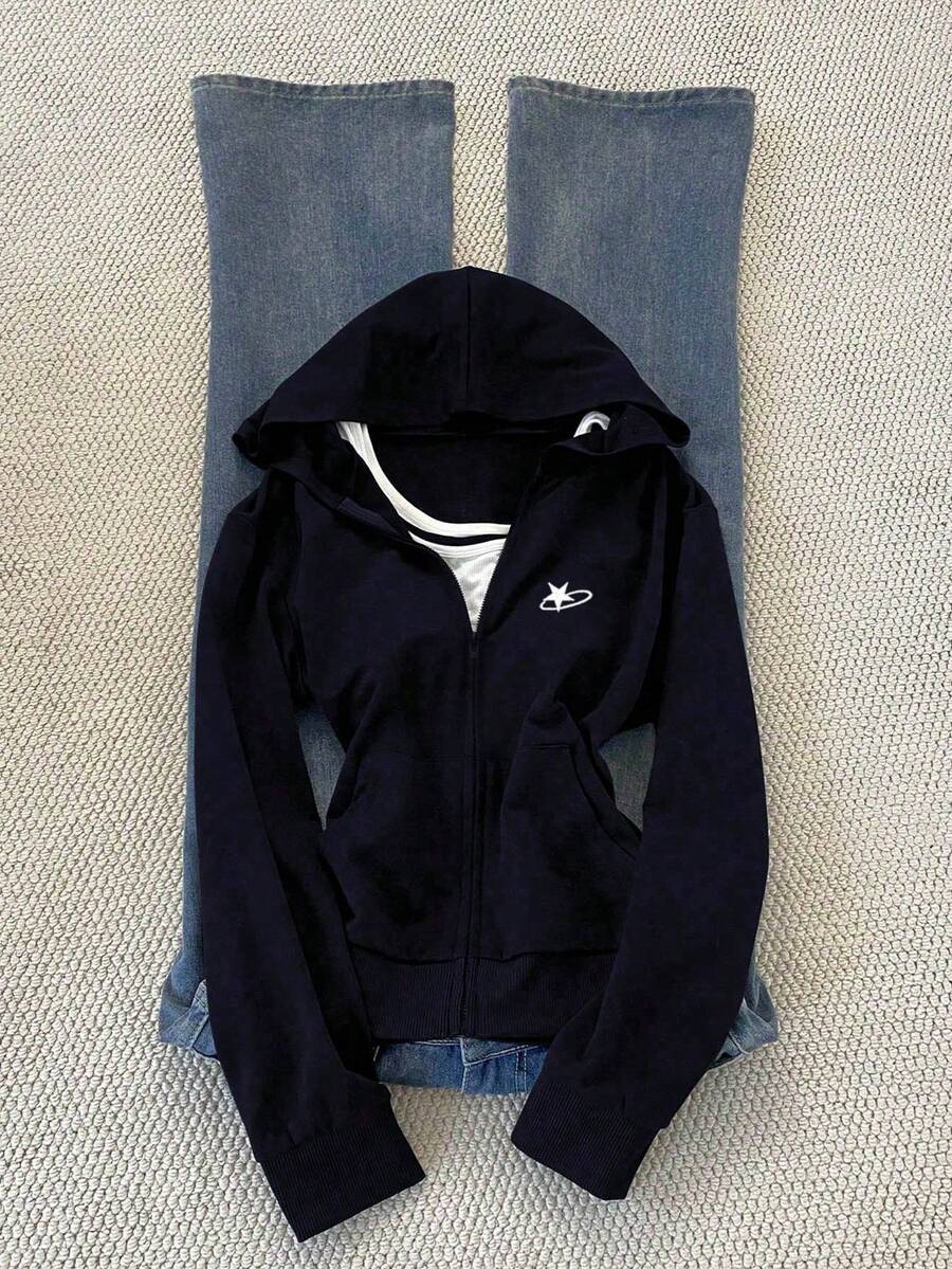 SHEIN Embroidered Hooded Fitted Sweatshirt For Women - Navy Blue - View 1