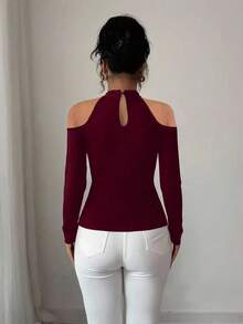 Elenzga Women's Elegant Sexy Fashion Embroidered Lace Floral Decor V-Neck Asymmetric Hem Long Sleeve T-Shirt, Fitted Silhouette, Suitable For Vacation, Date, Daily Activities, Party - Burgundy - View 2