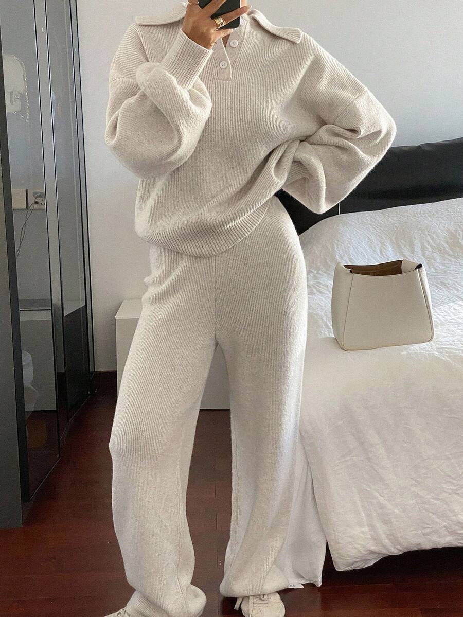 Livesso 2pcs Women Casual Collared Sweater And Pants Set, Autumn - Beige - View 1