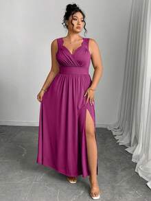 Elenzga Plus Size V-Neck Contrast Lace Spaghetti Strap Flared Hem Bodycon Dress With Slit - Purple - View 8