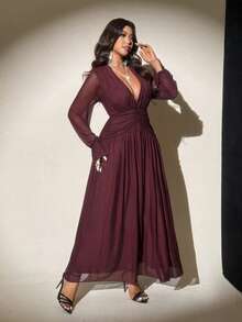 Viva Relle Vestido de fiesta de manga larga con cuello en V profundo y plisado de malla para mujer de talla grande - Marrón - Ver 1