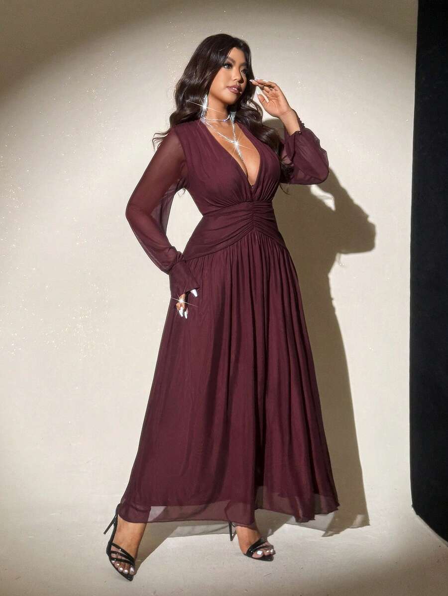 Viva Relle Vestido de fiesta de manga larga con cuello en V profundo y plisado de malla para mujer de talla grande - Marrón - Ver 1