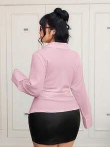 SHEIN EZwear 大码女式单排扣休闲腰收腰粉色长袖衬衫 - 粉色 - 查看 2