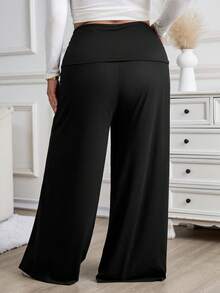 SHEIN CURVE+ 大码女式纯色翻边腰阔腿宽松休闲裤黑色喇叭裤女式阔腿裤喇叭裤阔腿裤女式黑色阔腿裤，秋季女装 - 黑色 - 查看 2