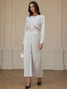 Chiquease Elegante vestido midi con volantes que ciñe la cintura y mangas largas, estilo de viaje, estética europea y estadounidense Ins - Beis - Ver 5