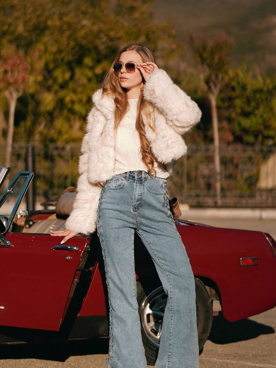 ORNATELLA Latest Fashion Fluffy Collar Elegant Short Jacket For Women - Apricot - View 1