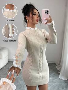 SHEIN PETITE Elegant Long Sleeve Twist Rope Crew Neck Lace Trim Apricot Knit Sweater Dress For Commuting, Autumn/Winter - Apricot - View 1