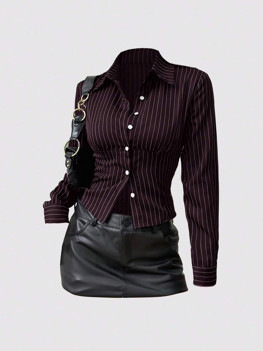 Sweetra Áo cánh tay dài họa tiết kẻ sọc cổ bẻ thời trang, màu sắc tương phản, ôm sát eo, tôn dáng cho nữ - Cà phê nâu - Xem 1