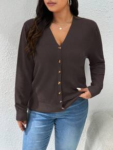 CosyJoli Plus Size Women Casual Solid Color All-Match Cardigan Brown Blouses For Women Coffee Brown Top Dark Brown Top/Winter