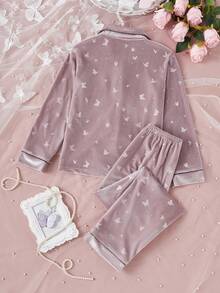 女童睡衣，可爱蝴蝶印花，柔软抓绒面料，长袖两件套睡衣套装 - 彩色 - 查看 2