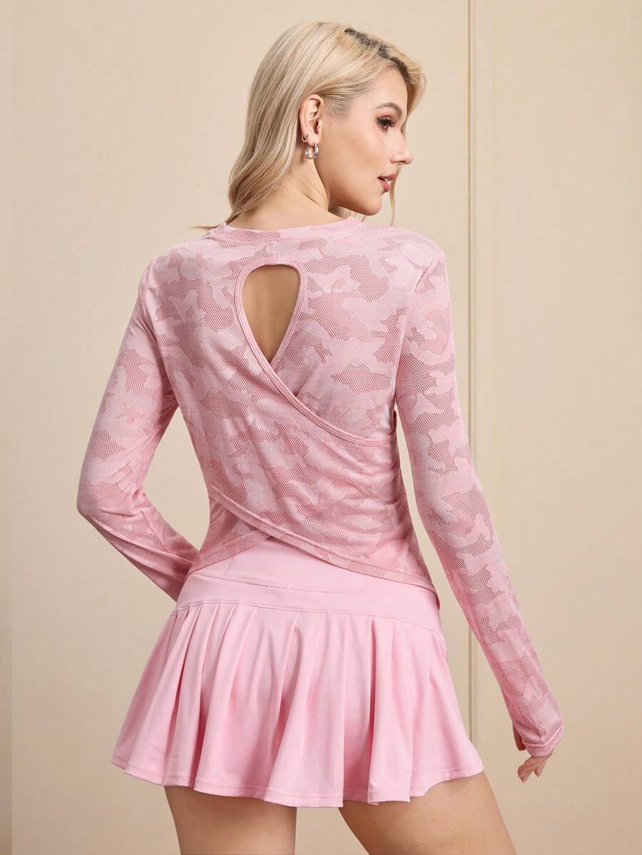 Cheerettes Women's Camouflage Print Long Sleeve Criss-Cross Back Sports T-Shirt Long Sleeve Top Pink Top