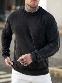 Manfinity CasualCool Men's Solid Color Round Neck Casual Versatile Long Sleeve Pullover Sweatshirt Men Clothes Street Wear Knit Wear Men Jumper For Men - Black - View 6