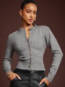 L'Amorae Long Sleeve Sweater Cardigan With Empire Rib And Tie Detail Office - Grey - View 1