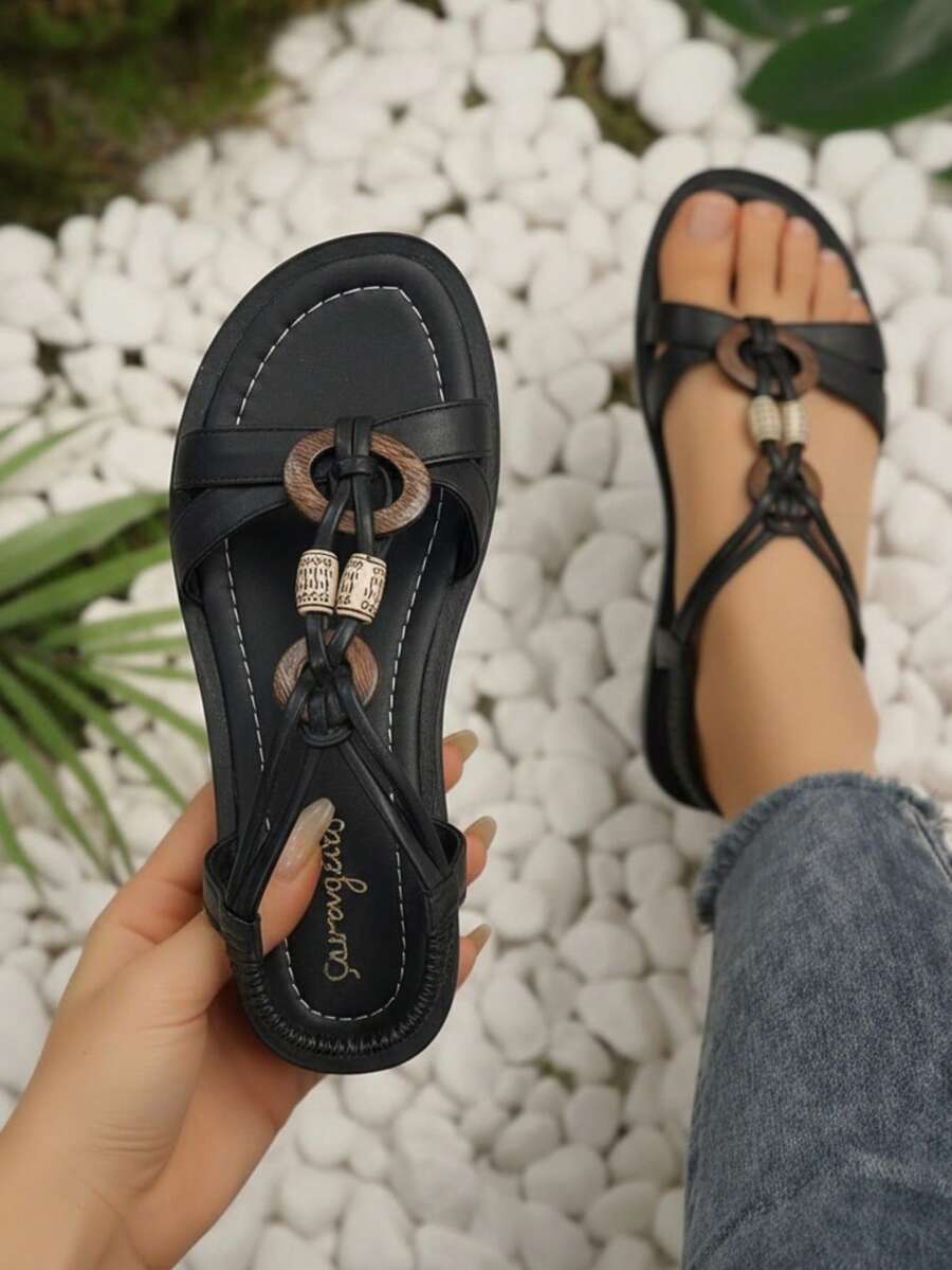 Mujer diseño artesanal abalorios punta redonda correa elástica plataforma baja estilo bohemio verano playa sandalia - Negro - Ver 1