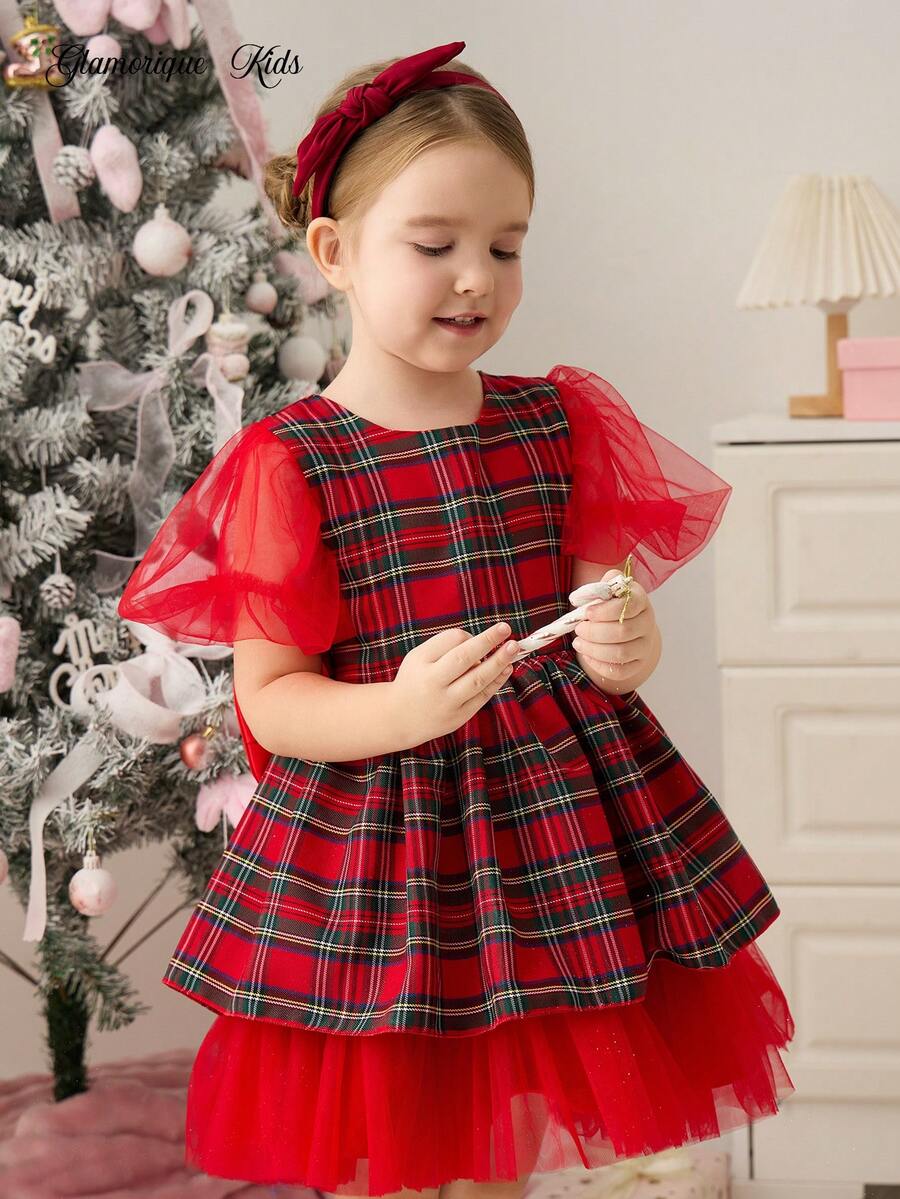 Glamorique Kids 圣诞儿童连衣裙 - 女孩红色格子薄纱派对连衣裙，配有可爱的蝴蝶结和泡泡袖，甜美的节日装 - 紅色 - 查看 1