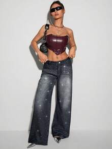 SHEIN ICON Women's Rhinestone Embellished Low-Waist Denim Jeans - Grey - View 5