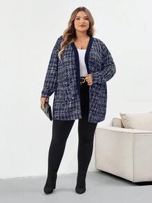 SHEIN CURVE+ Áo khoác vải tuýt giả thanh lịch cỡ lớn có túi, trang phục mùa thu cho nữ mùa đông/thu/đông - Màu xanh hải quân - Xem 9