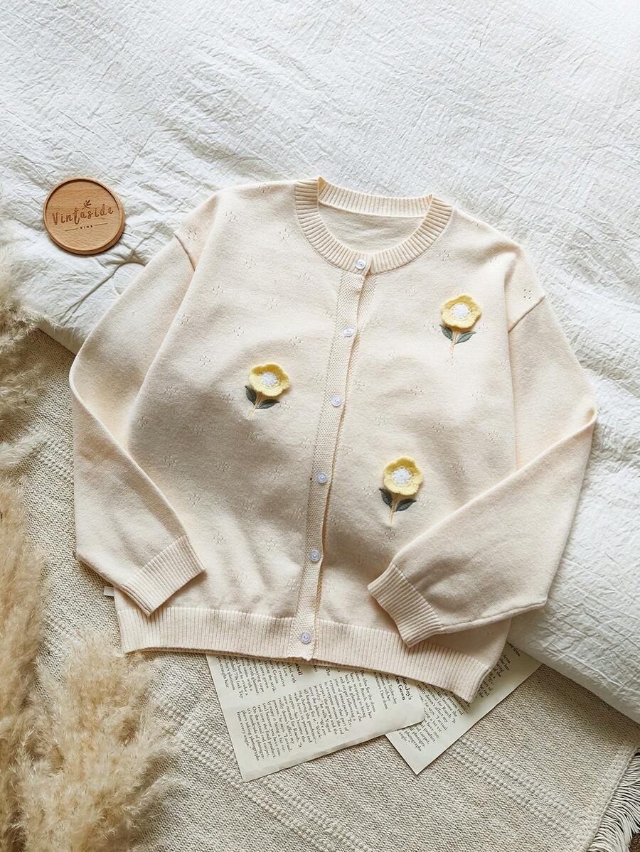 Vintaside Kids Áo khoác cardigan dệt kim cài nút cổ tròn tay dài thêu hoa dễ thương cho bé gái, mùa xuân/thu - Màu vàng - Xem 1