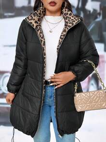 EMERY ROSE Plus Size Casual Hooded Reversible Black & Leopard Print Mid-Length Padded Coat - Multicolor - View 5