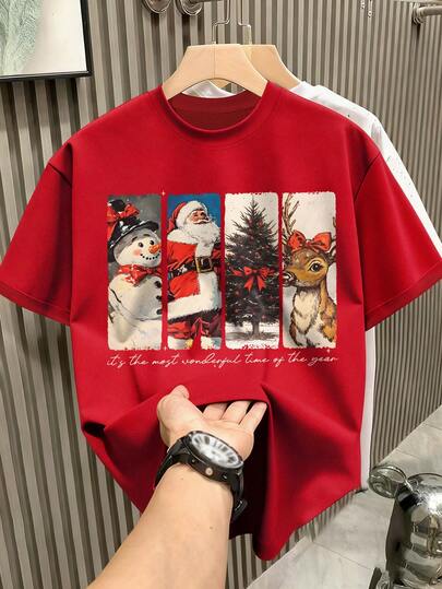 Manfinity Camiseta masculina vermelha com estampa natalina, ombros caídos e gola redonda.