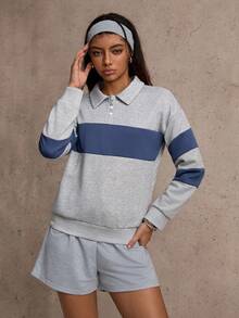 Dewbera 女士条纹落肩长袖休闲宽松运动Polo衫 - 彩色 - 查看 3