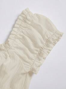 SHEIN Unity 女式夏季纯色荷叶边下摆系带腰短袖衬衫 - 杏色 - 查看 7