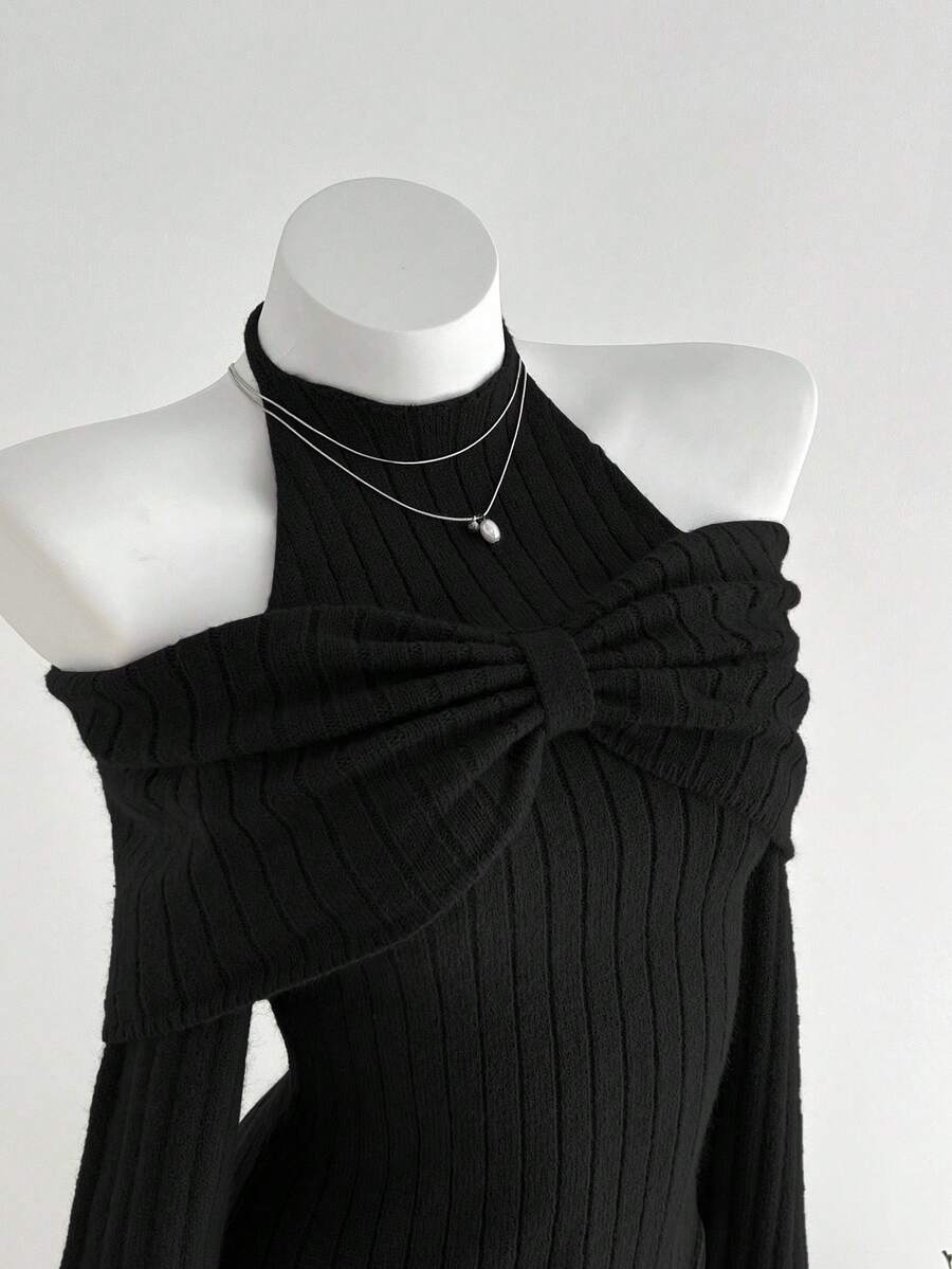 Elamini 1件女士炭灰色秋冬个性化精致露肩系带蝴蝶结设计不对称下摆弹力针织休闲毛衣 - 黑色 - 查看 1